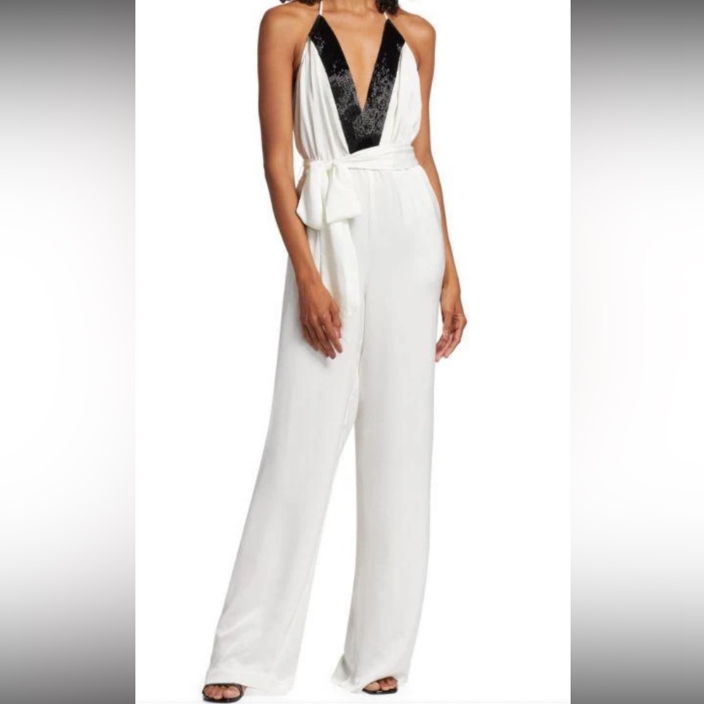 Ramy Brook White Jumpsuit with Black Trim Plunge V-Neck